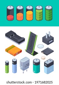 Charging stages. Battery levels for different gadgets power bank battery garish vector visualization isometric templates
