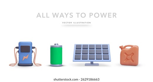 Ladestation, Batterie, Solarpanel und Brennstoffkanister im 3D-Minimalstil, die mehrere Energiequellen für Energie- und Nachhaltigkeitskonzepte darstellen. Vektorgrafik