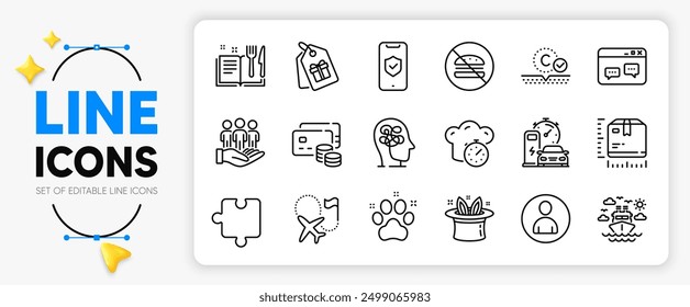 Charging station, Browser window and Collagen skin line icons set for app include Best buyers, Hat-trick, Coupons outline thin icon. Recipe book, Avatar, Cooking timer pictogram icon. Vector