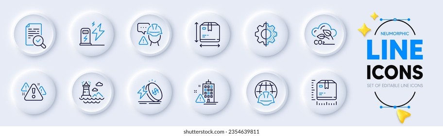 Ladestation, Builder Warnung und Inspect Line Icons für Web App. Paket der Gebäudewarnung, Leuchtturm, Piktogramm-Symbole umwandeln. Packungsgröße, Packungsgröße, CO2-Gaszeichen. Energiepreis. Vektorgrafik