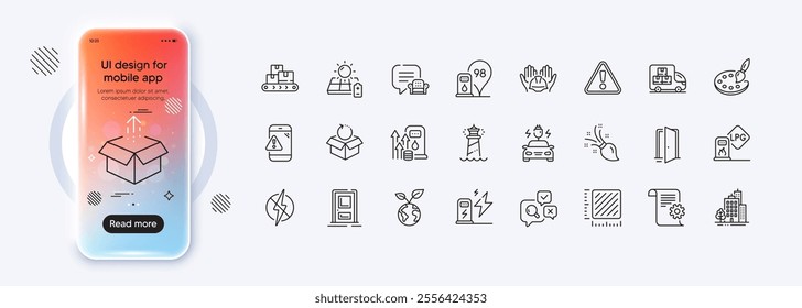 Charging station, Buildings and Brush line icons for web app. Phone mockup gradient screen. Pack of Solar panel, Antistatic, Open door pictogram icons. Lighthouse, Warning, Entrance signs. Vector