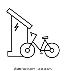 Charging station for city bikes with lightning on its side. Charging an e-bike.Editable outline stroke linear icon. Thin vector black contour.