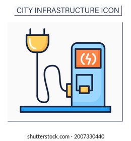 Charging Station Color Icon. Electrical Vehicles Recharging Point. Electricity Pump With Plug And Cord. Innovative Urban Infrastructure Concept. Isolated Vector Illustration