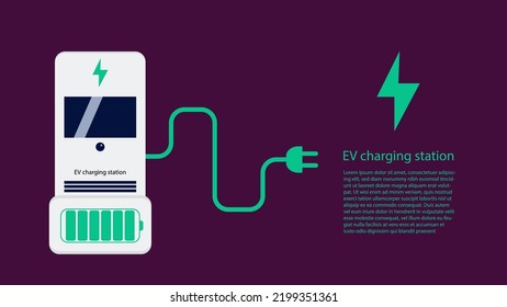 Concepto de diseño de estación de carga. Tecnología de carga de vehículos eléctricos en la ilustración vectorial de la zona de estacionamiento