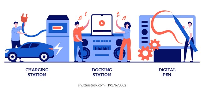 Charging Station, Docking Station, Digital Pen Concept With Tiny People. Electronic Device Use And Charge Abstract Vector Illustration Set. Electrical Outlet, Battery Capacity, Play Music Metaphor.