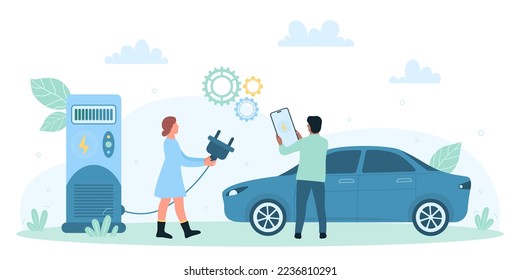 Charging station for electric car, electromobility and future innovation vector illustration. Cartoon tiny people holding charger plug and phone to charge battery of electro vehicle on parking