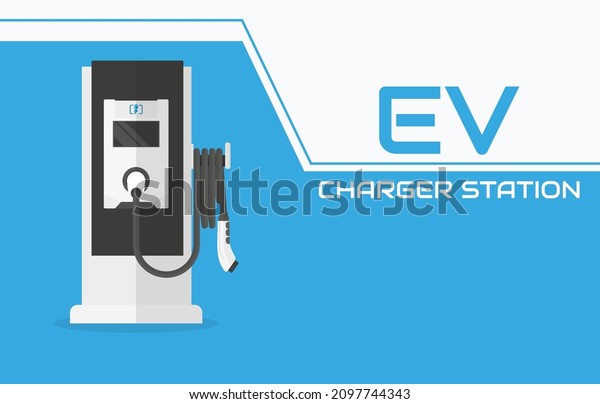 Charging station for electric car flat vector\
background, Plug-in vehicle getting energy from battery supply, EV\
recharging point, charging\
device.