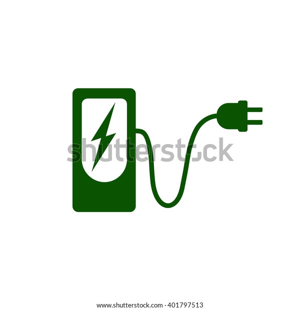 Charging station\
for electric car icon Vector Illustration. Charging station with\
electricity sign, cable and\
plug