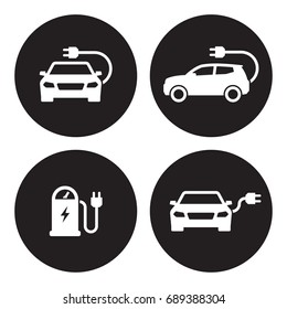 Charging station electric car icons set. White on a black background