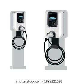 Charging station for electric car. Isolated vector charging power station illustration, Plug-in vehicle getting energy from battery supply, EV recharging point, charging device.