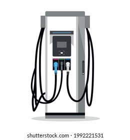 Charging station for electric car. Isolated vector charging power station illustration, Plug-in vehicle getting energy from battery supply, EV recharging point, charging device.