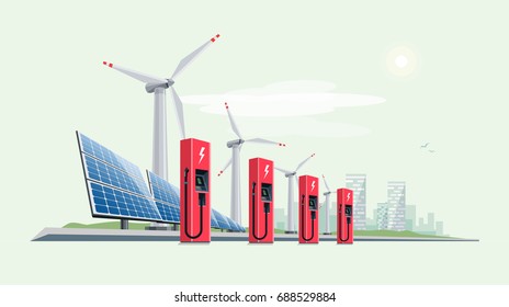 Charging Station for Electric Car with Solar Panels and Wind Turbines. City skyline with clouds and sun in the background. Green clean eco city concept flat vector illustration.