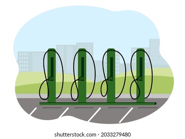 Charging station electric cars located in the city. Vector illustration