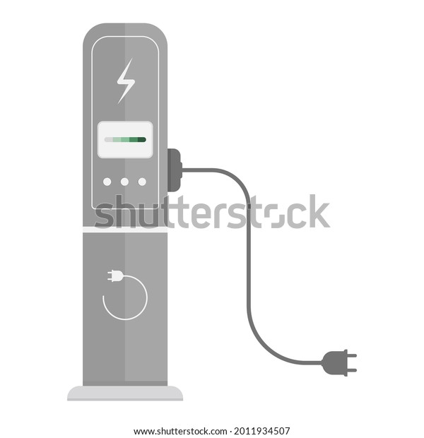 Charging station for electric vehicles\
with cord and plug. Vector illustration in gray and green color,\
flat style. Isolated on a white\
background.