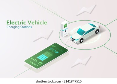 Charging station for electric vehicles,  EV car, charging car the app  via smartphone. isometric vector illustration.