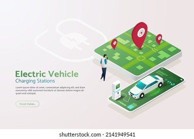 Charging station for electric vehicles,  find a EV charging station, order charging car the app  via smartphone. isometric vector illustration.