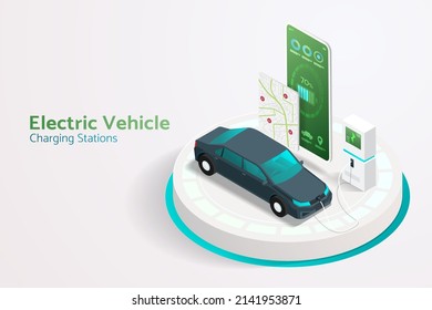 Charging Station For Electric Vehicles,  Find A EV Charging Station, Order Charging Car The App  Via Smartphone. Isometric Vector Illustration.