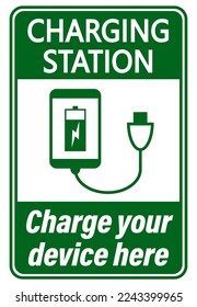 Charging station for electronic  devices. Information sign for recharging battery of mobile phone, tablets and other  devices in mall or public places