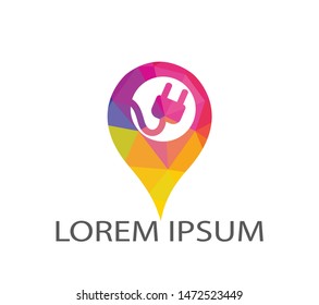 Charging station icon with electric plug vector logo design. Vector electric plug and map pointer logo combination.