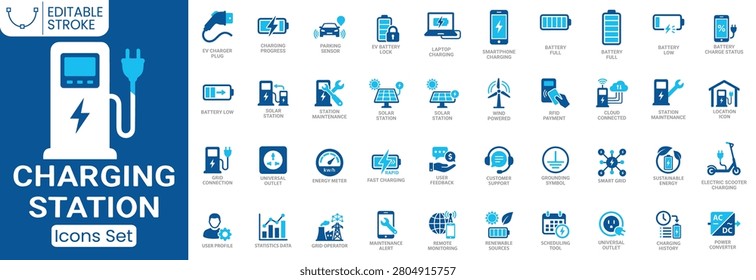 Charging station icon set. Containing EV charger, charging cable, battery, fast charging, solar station, smart grid, energy meter and more. Solid vector icons collection