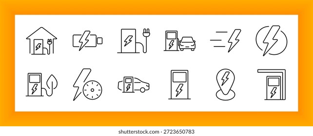 Charging station icon set. Homes, batteries, lightning bolts, fuel stations, eco leaves, clocks, and map pins outlined to reflect electricity supply, green charging, and energy management.