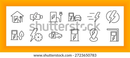 Charging station icon set. Homes, batteries, lightning bolts, fuel stations, eco leaves, clocks, and map pins outlined to reflect electricity supply, green charging, and energy management.