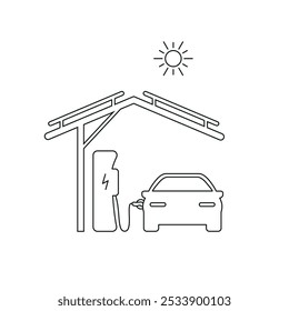 Charging station icon where a car is being charged by solar energy. Front view of the car.