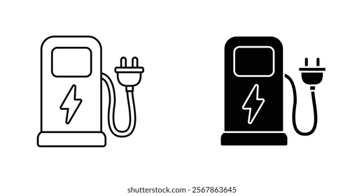 Charging station icons collection in Filled flat and thin line style.