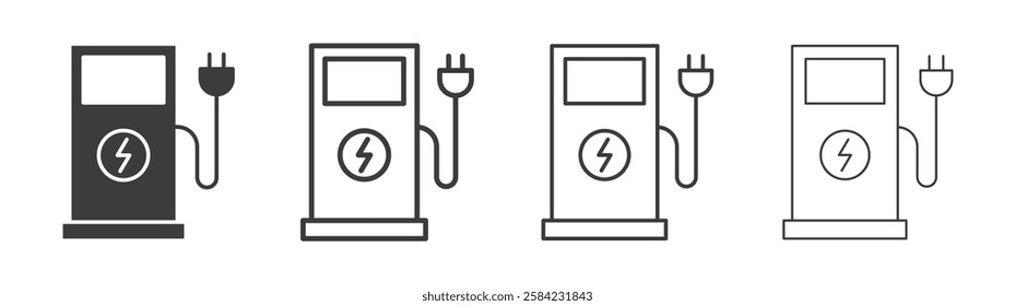 Charging station icons set. Liner outlined and flat black color