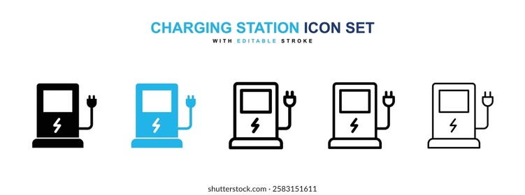 Charging station icons vector collection in black and blue colors on white background