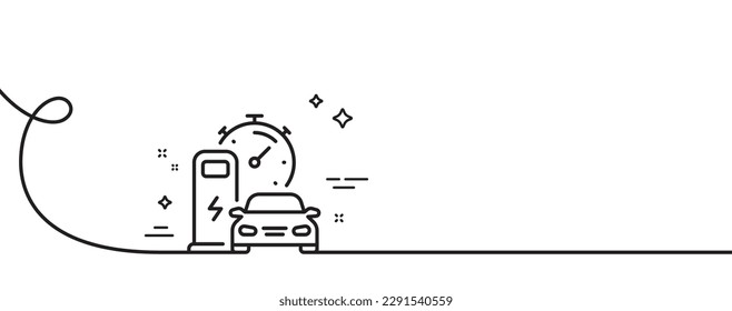 Icono de línea de estación de carga. Una línea continua con curl. Signo de tiempo de carga de coche. Símbolo de energía eléctrica. Banda de contorno simple de la estación de carga. Patrón de curva de bucle. Vector