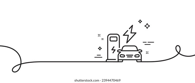 Icono de línea de estación de carga. Una línea continua con curl. Signo del cargador de coche. Símbolo de energía eléctrica. Banda de contorno simple de la estación de carga. Patrón de curva de bucle. Vector