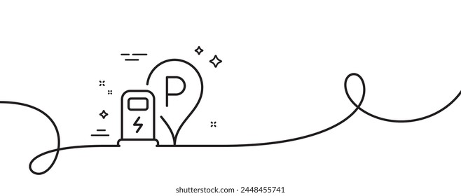Charging station line icon. Continuous one line with curl. Car charge parking sign. Electric power symbol. Charging station single outline ribbon. Loop curve pattern. Vector