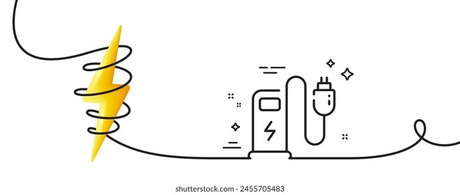 Charging station line icon. Continuous one line with curl. Car charge plug sign. Electric power symbol. Charging station single outline ribbon. Loop curve with energy. Vector