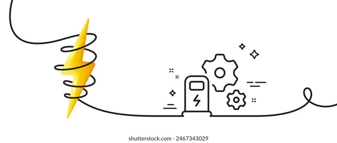 Icono de línea de estación de carga. Una línea continua con rizo. Señal de servicio del cargador de coche. Símbolo de energía eléctrica. Estación de carga con un contorno sencillo. Curva de bucle con energía. Vector