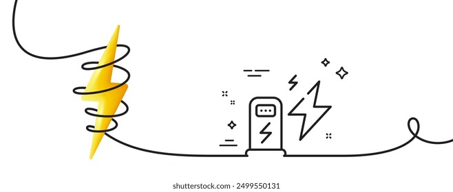 Charging station line icon. Continuous one line with curl. Car charge place sign. Electric power symbol. Charging station single outline ribbon. Loop curve with energy. Vector