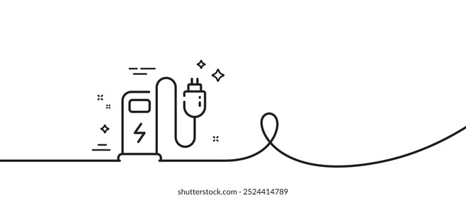 Charging station line icon. Continuous one line with curl. Car charge plug sign. Electric power symbol. Charging station single outline ribbon. Loop curve pattern. Vector