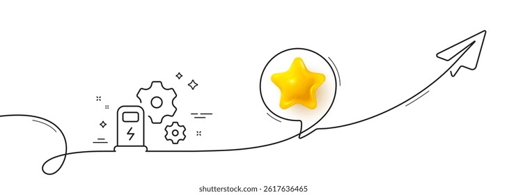 Charging station line icon. Continuous line with share plane. Car charger service sign. Electric power symbol. 3d star in speech bubble. Charging station single line ribbon. Loop curve pattern. Vector