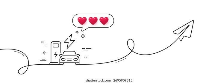 Charging station line icon. Continuous line with share plane. Car charger sign. Electric power symbol. Hearts rate review in speech bubble. Charging station single line ribbon. Vector