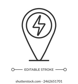 Charging station location linear icon. Electric vehicle charging. Lightning bolt and map maker. Electric car service. Thin line illustration. Contour symbol. Vector outline drawing. Editable stroke