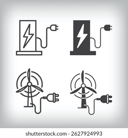 Charging station and mill energy production artistic design. Simple linear and flat electricity charging icon set.