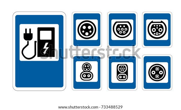 charging station of a modern electric car\
logo in the style of road signs, which is the future. The vector\
illustration. flat design. Charger input\
options.