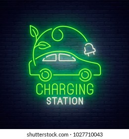 Charging Station neon sign, bright signboard, light banner. Electric Car logo, emblem and label. Vector illustration