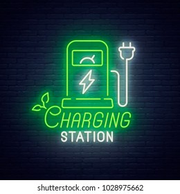 Charging Station neon sign, bright signboard, light banner. Electric Car logo, emblem and label. Vector illustration