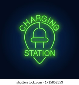 Charging station neon sign. Electrical plug with cord in shape of upside down drop. Night bright advertisement. Vector illustration in neon style for electricity and environment