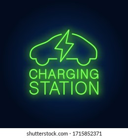 Charging station neon sign. White car with bolt of lightning. Night bright advertisement. Vector illustration in neon style for power place and ecology