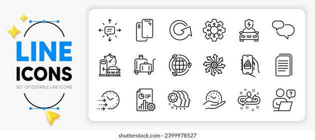 Charging station, Online question and Employees teamwork line icons set for app include Smartphone, Recruitment, Execute outline thin icon. Chat message, Delivery time. Vector