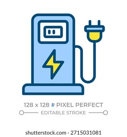 Icono de color de línea perfecta de píxeles de estación de carga. Punto de Recargo EV. Recarga el vehículo eléctrico. Infraestructura vial. Ilustración vectorial aislada. Diseño de símbolo colorido plano. Trazo editable