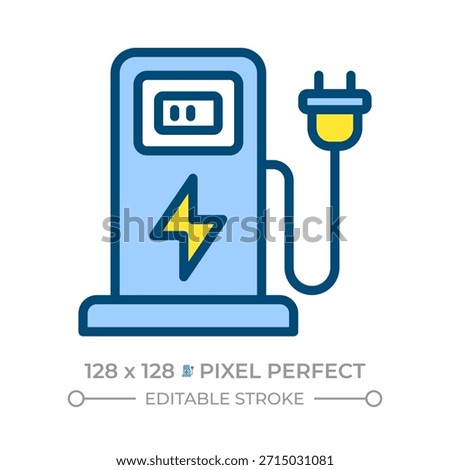 Charging station pixel perfect line color icon. EV charge point. Recharge electric vehicle. Road infrastructure. Isolated vector illustration. Flat colorful symbol design. Editable stroke