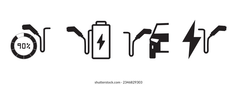 Charging Station Related Flat vector Icons set. Contains such Icons as Electric socket station, Car plugged to charge, Electric vehicle symbol.